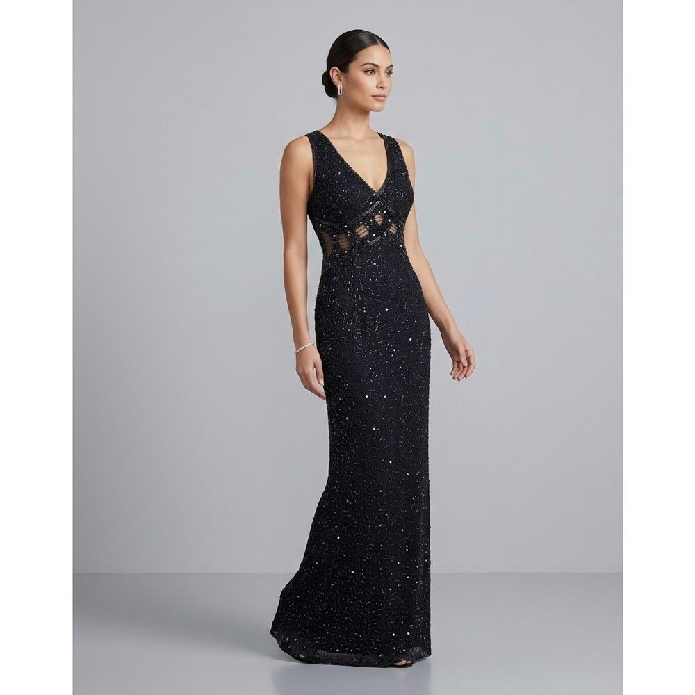 SCALA Vintage 100% Silk Beaded Sequin Gown Dress Blue Large L Fits Small XS